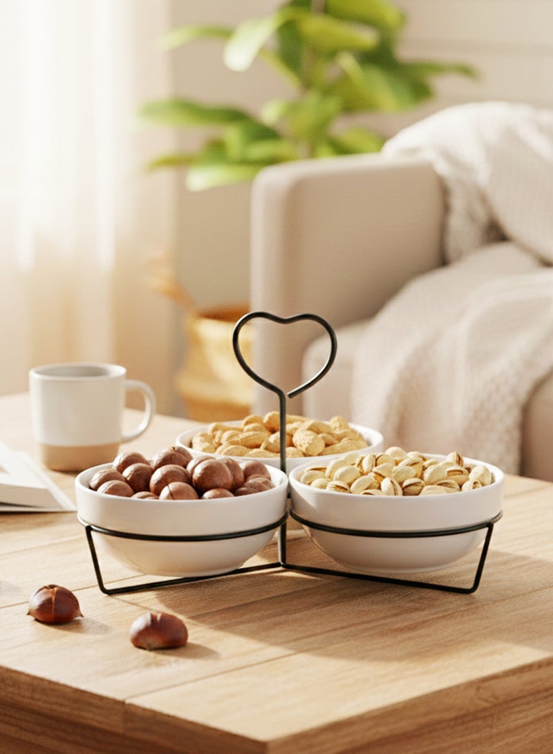 Shallow 3PCS Round Porcelain Bowl Set with Metal Black Stand – 14cm White New Bone China Serving Bowls for Snacks, Dates, Desserts & Festive Hosting | Ramadan, Eid, Diwali, Gifting For Any Occasion - Image 4