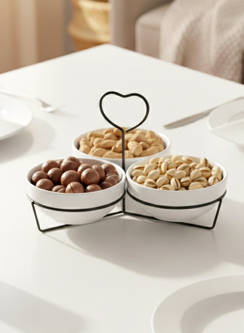 Shallow 3PCS Round Porcelain Bowl Set with Metal Black Stand – 14cm White New Bone China Serving Bowls for Snacks, Dates, Desserts & Festive Hosting | Ramadan, Eid, Diwali, Gifting For Any Occasion - Image 5