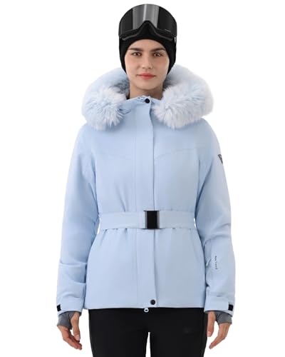 HIGH EXPERIENCE Women's Ski Jacket Snowboard Fitted Slim Belted Snow Coat Warm Winter Mountain Waterproof Windproof Insulated Hooded (US, Alpha, Small, Regular, Regular, Light Blue) - Image 1