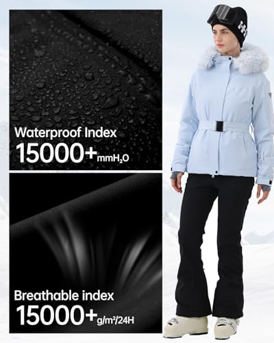 HIGH EXPERIENCE Women's Ski Jacket Snowboard Fitted Slim Belted Snow Coat Warm Winter Mountain Waterproof Windproof Insulated Hooded (US, Alpha, Small, Regular, Regular, Light Blue) - Image 4