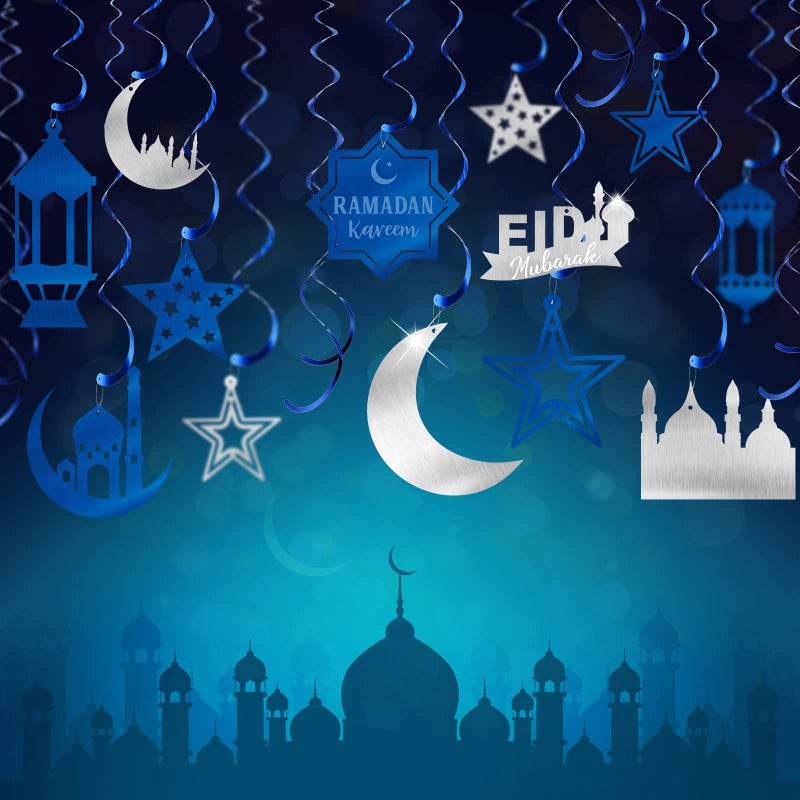 Yisong 30 Pcs Eid Mubarak Decorations Ramadan Kareem Hanging Swirls Ramadan Swirls Decorations Eid Ceiling Hanging Streamers for Mubarak Alfitr Party Supplies DecorationBlue