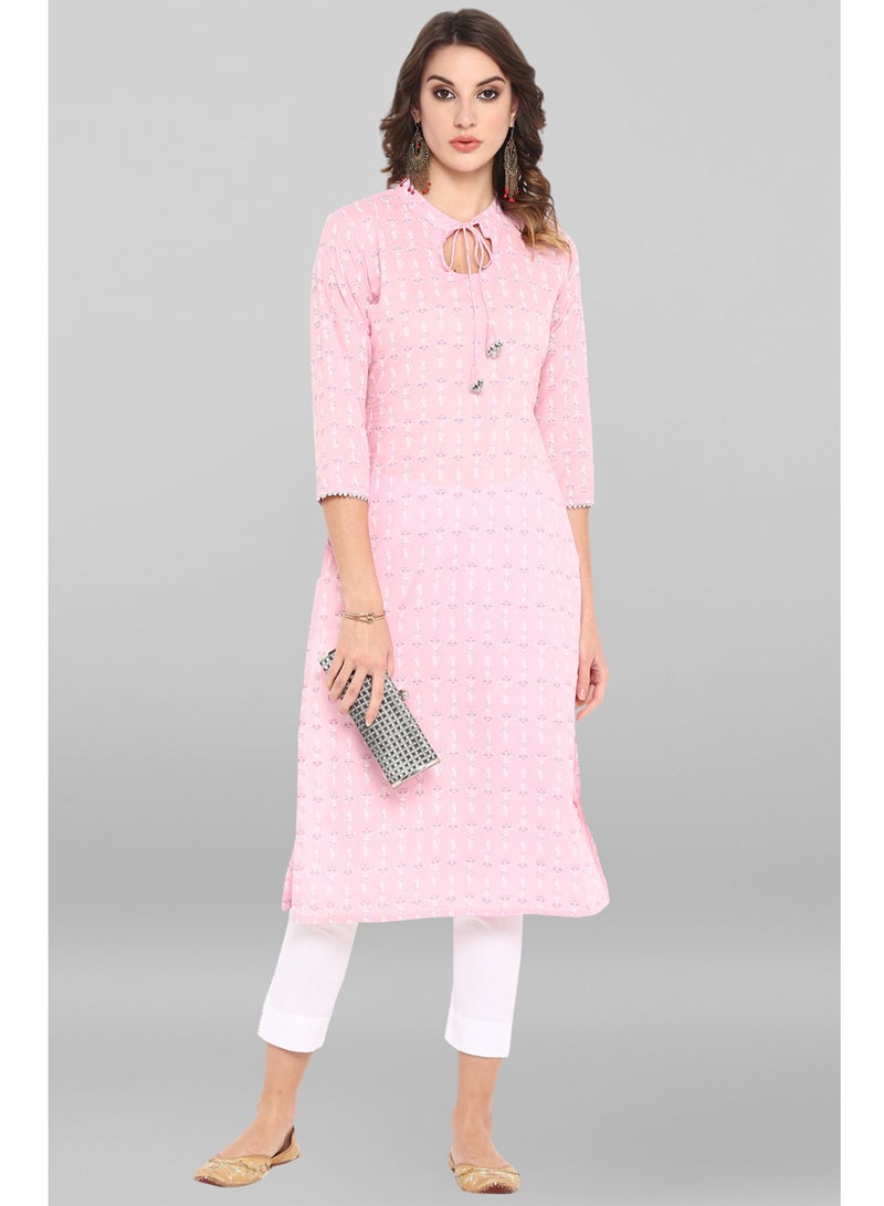 IndHeritage Indian Premium Cotton Kurti - Eid kurti collection - Premium light pink kurti with white floral design & a tie in the neck area - Image 1