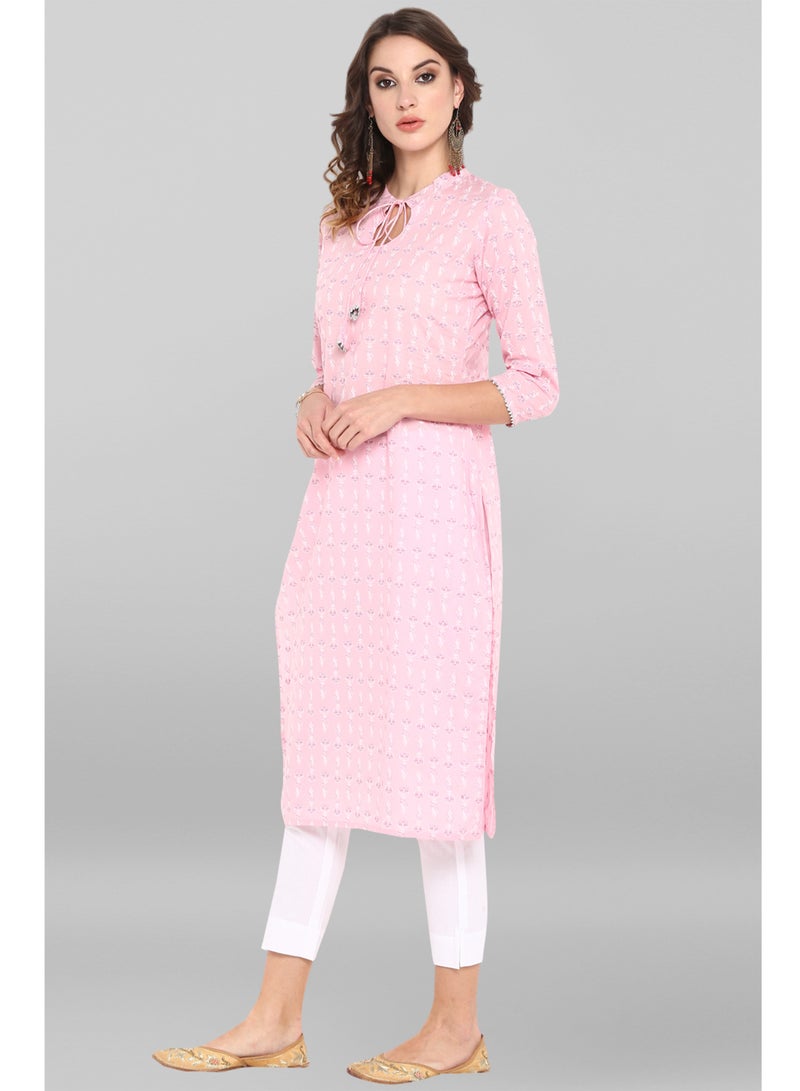 IndHeritage Indian Premium Cotton Kurti - Eid kurti collection - Premium light pink kurti with white floral design & a tie in the neck area - Image 2