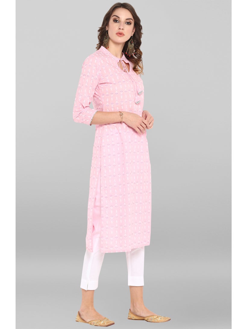 IndHeritage Indian Premium Cotton Kurti - Eid kurti collection - Premium light pink kurti with white floral design & a tie in the neck area - Image 3