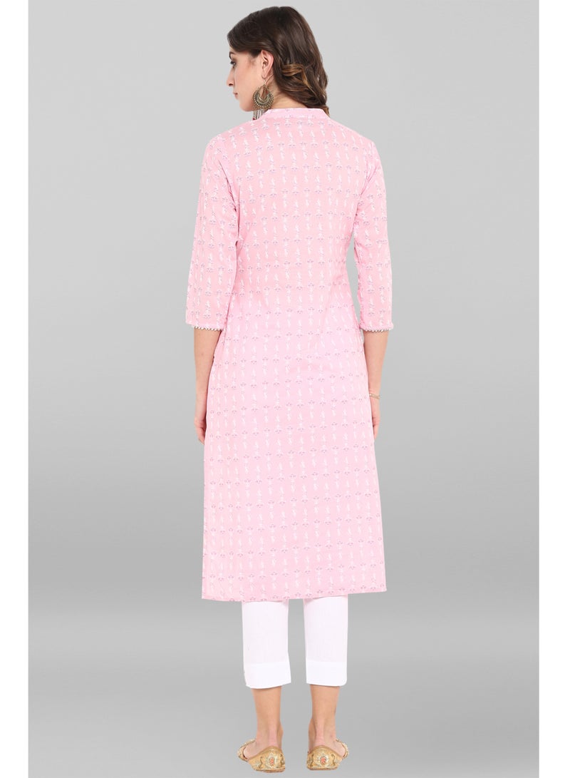 IndHeritage Indian Premium Cotton Kurti - Eid kurti collection - Premium light pink kurti with white floral design & a tie in the neck area - Image 4