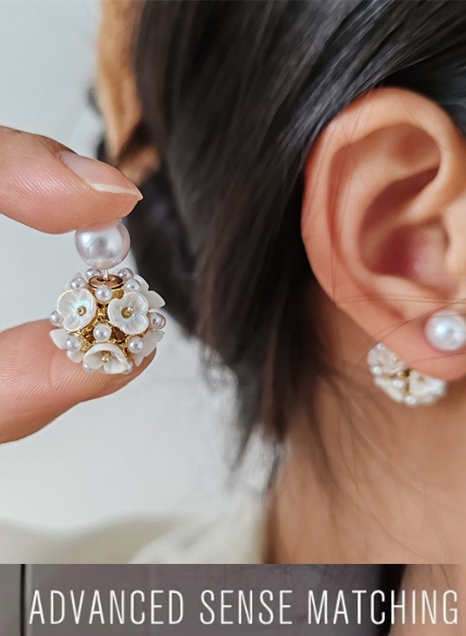Happy D Earrings Silver Needle Zircon Pearl Flower French Retro Shell Spherical Stud Earrings Super Fairy Temperament Versatile Earrings - Image 3