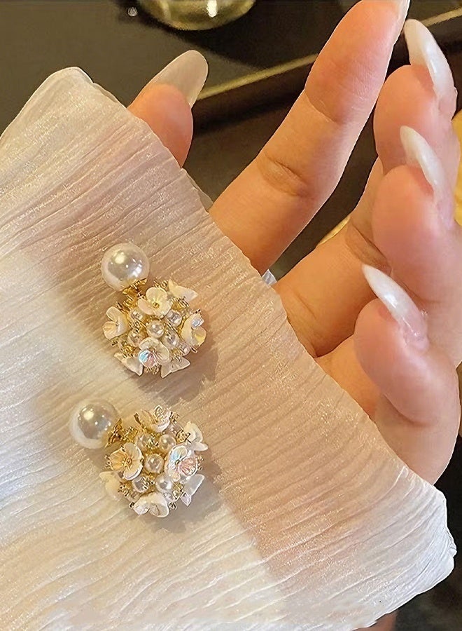 Happy D Earrings Silver Needle Zircon Pearl Flower French Retro Shell Spherical Stud Earrings Super Fairy Temperament Versatile Earrings - Image 4