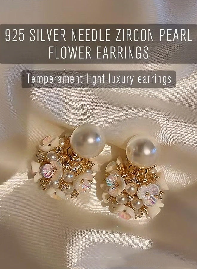 Happy D Earrings Silver Needle Zircon Pearl Flower French Retro Shell Spherical Stud Earrings Super Fairy Temperament Versatile Earrings - Image 2