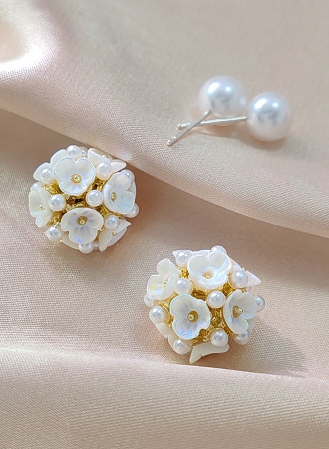 Happy D Earrings Silver Needle Zircon Pearl Flower French Retro Shell Spherical Stud Earrings Super Fairy Temperament Versatile Earrings - Image 5