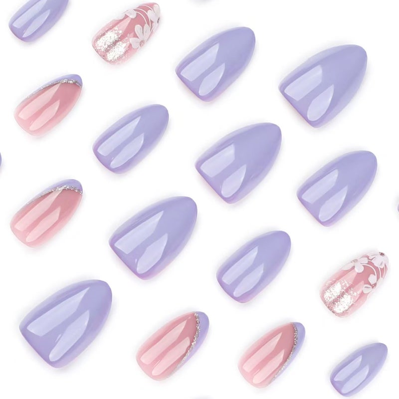 NBNTGH Floral Press on Nails Lilac Purple Fake Nails Gold Foil Glue on Nails Spring Nails Short Almond False Nails with Design Glossy Reusable Acrylic Full Cover Stick on Nails for Women Manicure 24Pcs - Image 5