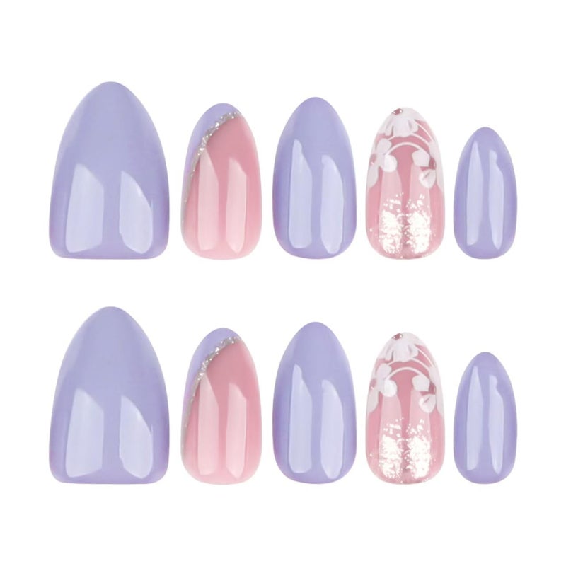 NBNTGH Floral Press on Nails Lilac Purple Fake Nails Gold Foil Glue on Nails Spring Nails Short Almond False Nails with Design Glossy Reusable Acrylic Full Cover Stick on Nails for Women Manicure 24Pcs - Image 3