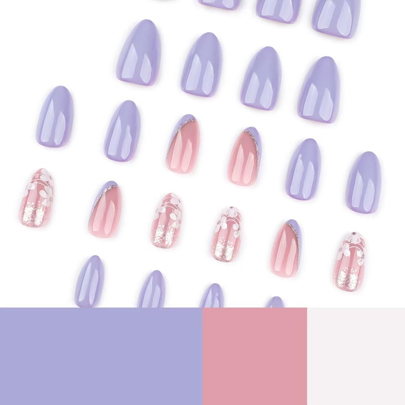 NBNTGH Floral Press on Nails Lilac Purple Fake Nails Gold Foil Glue on Nails Spring Nails Short Almond False Nails with Design Glossy Reusable Acrylic Full Cover Stick on Nails for Women Manicure 24Pcs - Image 4
