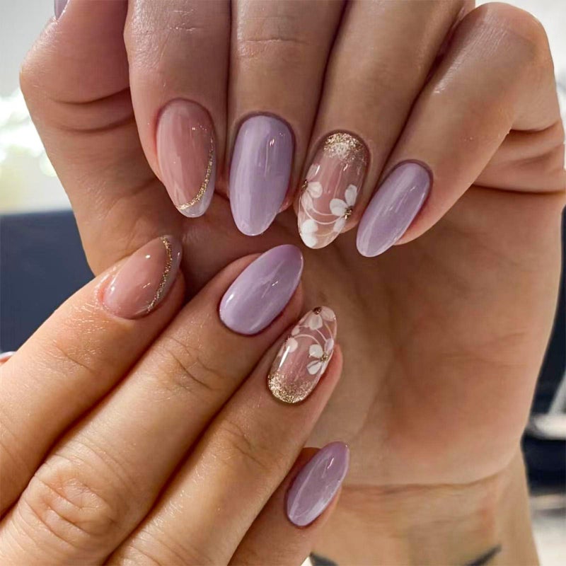 NBNTGH Floral Press on Nails Lilac Purple Fake Nails Gold Foil Glue on Nails Spring Nails Short Almond False Nails with Design Glossy Reusable Acrylic Full Cover Stick on Nails for Women Manicure 24Pcs - Image 1
