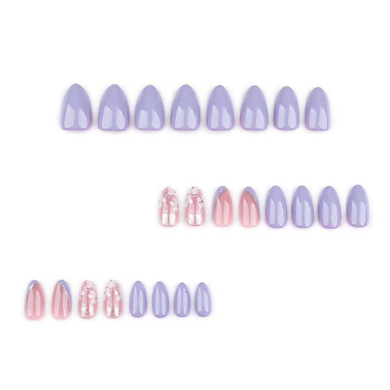 NBNTGH Floral Press on Nails Lilac Purple Fake Nails Gold Foil Glue on Nails Spring Nails Short Almond False Nails with Design Glossy Reusable Acrylic Full Cover Stick on Nails for Women Manicure 24Pcs - Image 2