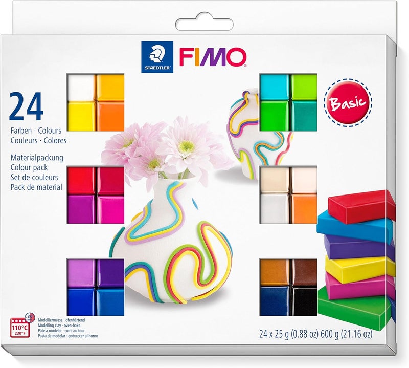 STAEDTLER FIMO Soft Oven Hardening Polymer Modelling Clay - Basic Assorted Colours (Pack of 24 x 25g Blocks) - Image 1