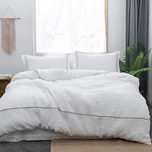 Simple&Opulence 100% Linen Duvet Cover Set Comforter Queen Size (88" x 92")-3pcs French Washed Flax Textured Soft Bedding with Striped Detail, 1 Duvet Cover and 2 Pillowcases (White) - Image 1