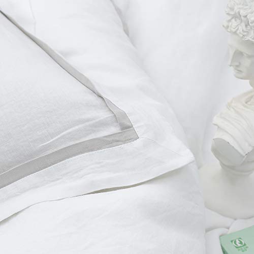 Simple&Opulence 100% Linen Duvet Cover Set Comforter Queen Size (88" x 92")-3pcs French Washed Flax Textured Soft Bedding with Striped Detail, 1 Duvet Cover and 2 Pillowcases (White) - Image 5