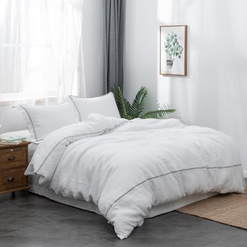 Simple&Opulence 100% Linen Duvet Cover Set Comforter Queen Size (88" x 92")-3pcs French Washed Flax Textured Soft Bedding with Striped Detail, 1 Duvet Cover and 2 Pillowcases (White) - Image 2