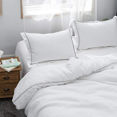 Simple&Opulence 100% Linen Duvet Cover Set Comforter Queen Size (88" x 92")-3pcs French Washed Flax Textured Soft Bedding with Striped Detail, 1 Duvet Cover and 2 Pillowcases (White) - Image 3