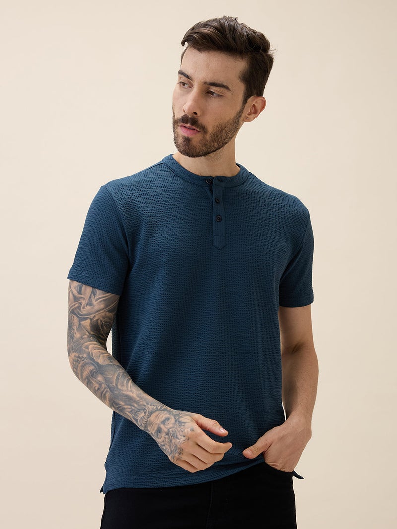 STATUS QUO Textured Henley Neck Regular Fit Petrol T-shirt - Image 1