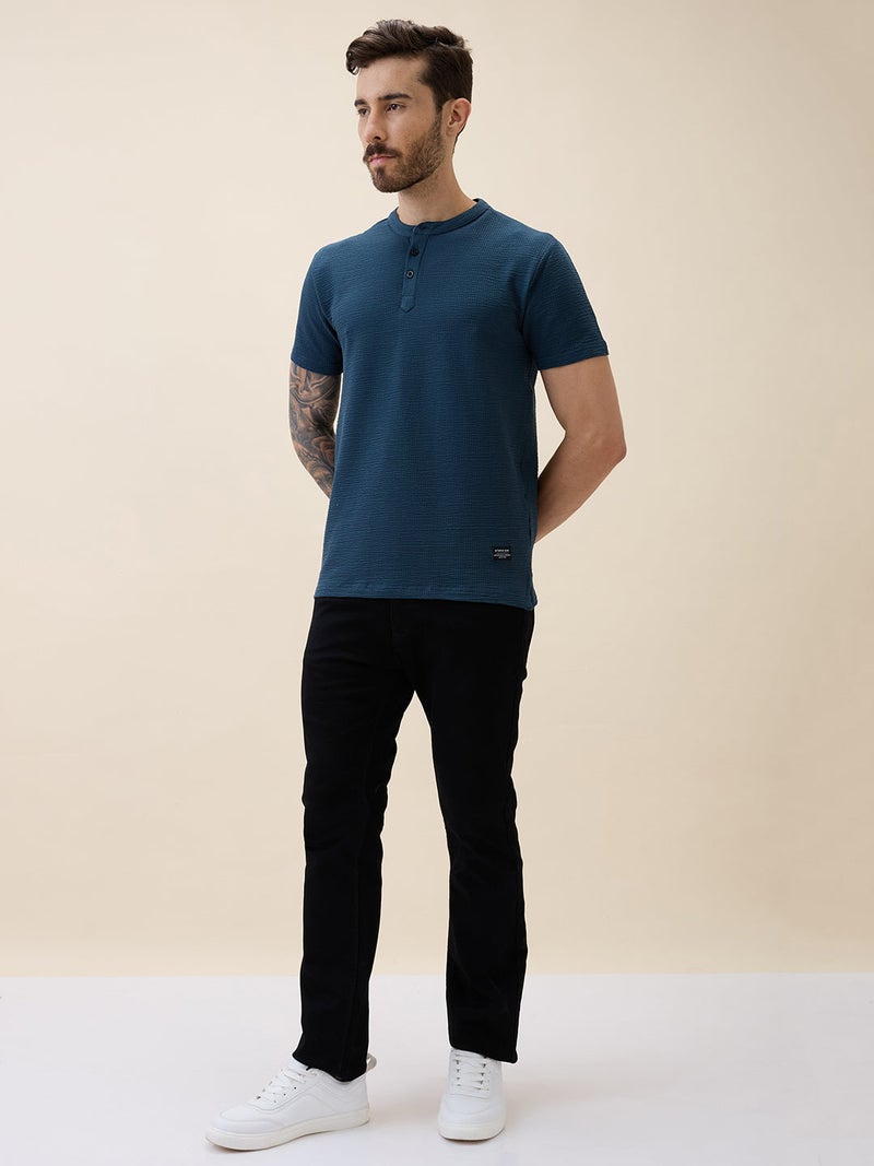 STATUS QUO Textured Henley Neck Regular Fit Petrol T-shirt - Image 5