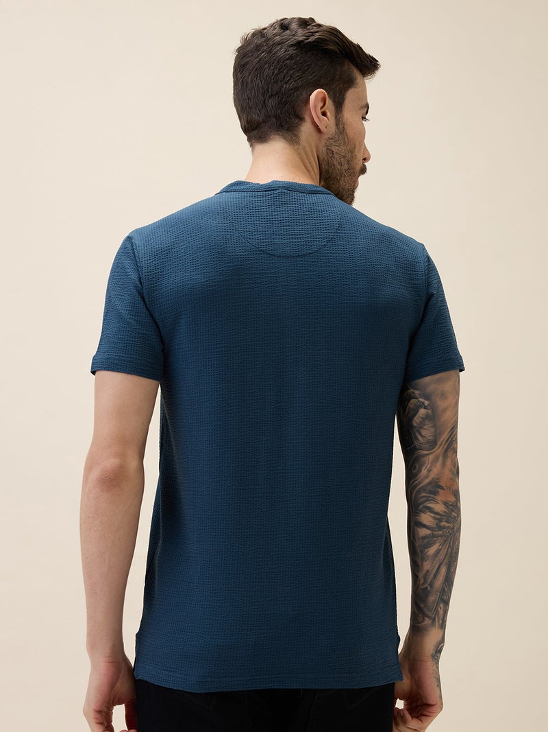 STATUS QUO Textured Henley Neck Regular Fit Petrol T-shirt - Image 3