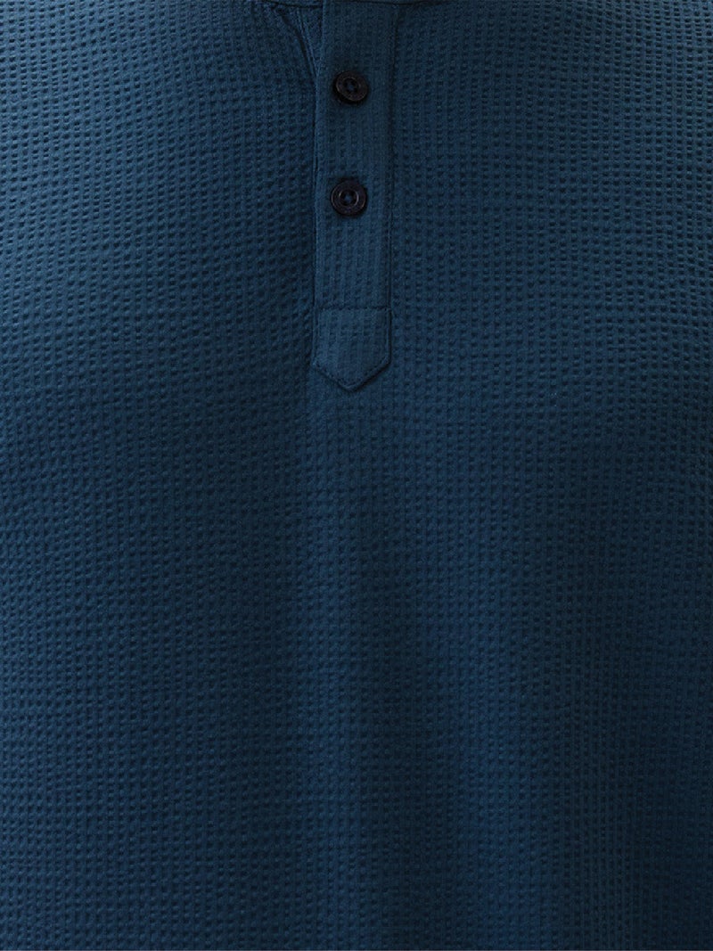 STATUS QUO Textured Henley Neck Regular Fit Petrol T-shirt - Image 4