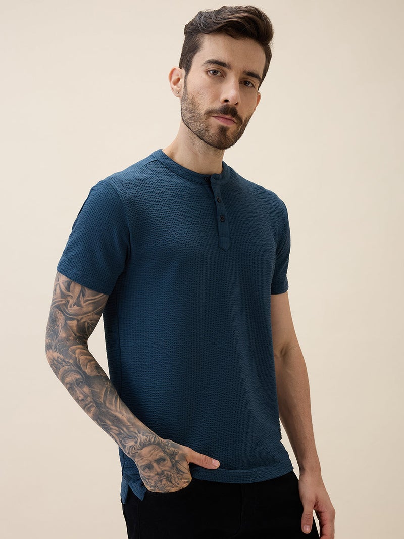 STATUS QUO Textured Henley Neck Regular Fit Petrol T-shirt - Image 2