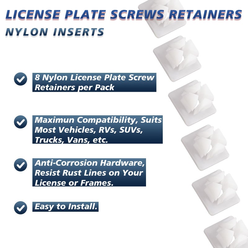 Nylon License Plate Screw Inserts - 8 Pcs | Nylon Screw Retainers for Cars Front & Back License Plate Screws, Self Tapping Grommet Nut, License Plate Nut Bracket Clip Fasteners for Domestic Vehicle - Image 3