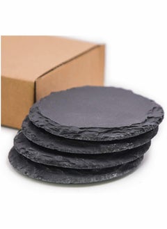4 Pieces Slate Coasters 4 Inch Round Slate Coasters Rustic Black Stone Coasters with Anti-Scratch Backing for Home Decoration, Bar Drinks, Kitchen, Any Style Table
