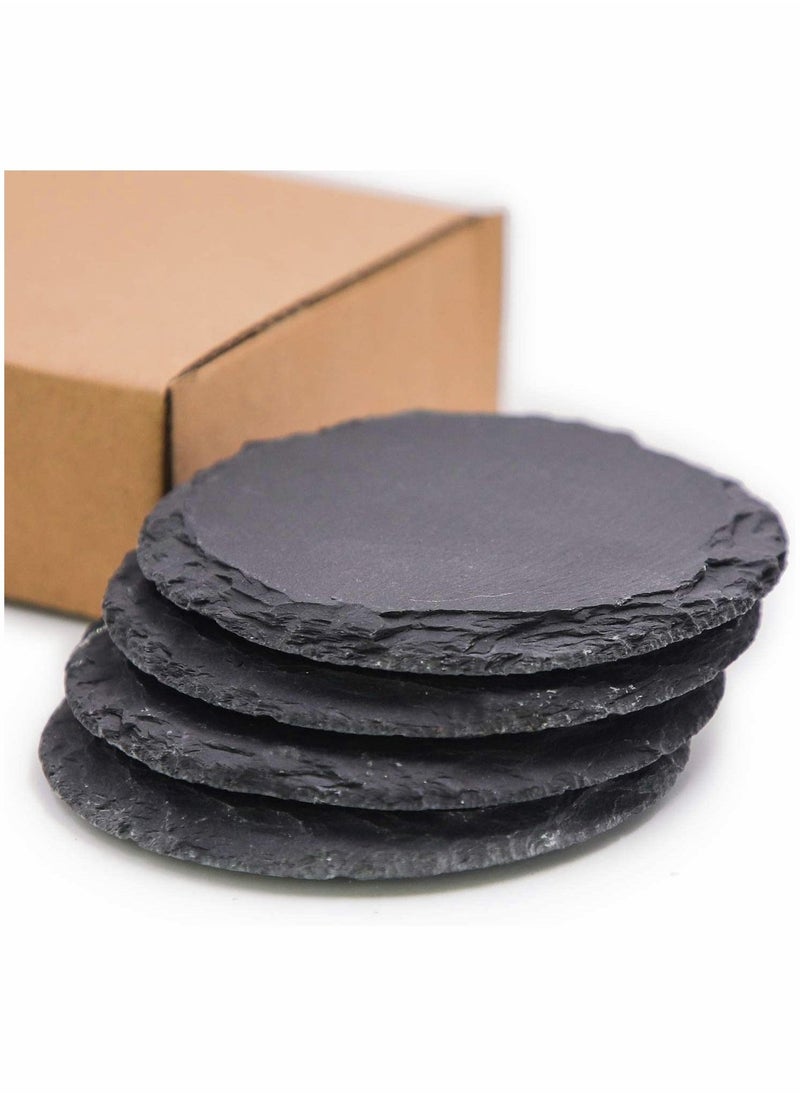 SYOSI - 4 Pieces Slate Coasters 4 Inch Round Slate Coasters Rustic Black Stone Coasters with Anti-Scratch Backing for Home Decoration, Bar Drinks, Kitchen, Any Style Table - Image 1