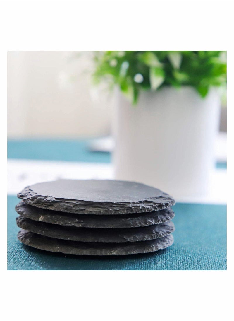 SYOSI - 4 Pieces Slate Coasters 4 Inch Round Slate Coasters Rustic Black Stone Coasters with Anti-Scratch Backing for Home Decoration, Bar Drinks, Kitchen, Any Style Table - Image 1