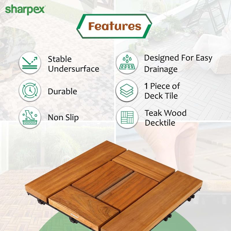 Sharpex Deck Tiles with Interlocking | 1 Piece Teak Wood Floor Decking Water Resistant Tile for Balcony, Terrace, Garden | Quick Flooring Solution for Indoor/Outdoor (Brown, 1 Piece) - Image 3