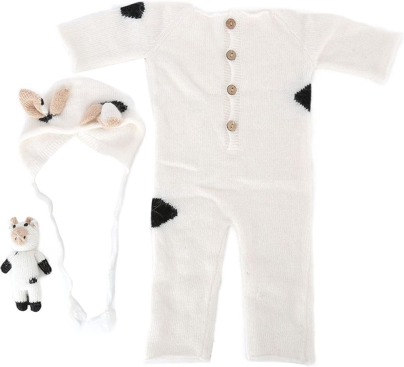 Newborn Photography Suit, Infant Knitted Jumpsuit with Hat and Toy, Soft Baby Photo Shoot Outfit for Boys and Girls 0-3 Months, Cute Doll Design for Holiday Birthday Party Gift (White) - Image 1