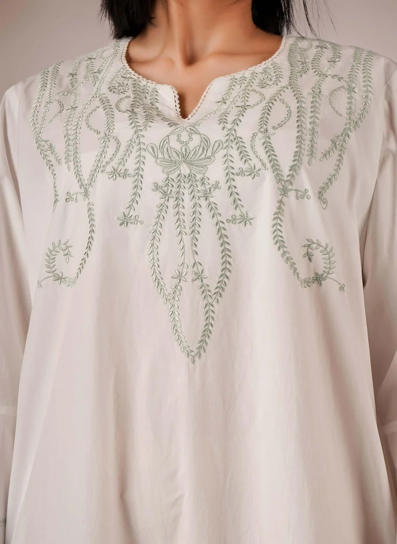 After Dark Johri, White Kaftan with Grey Embroidery