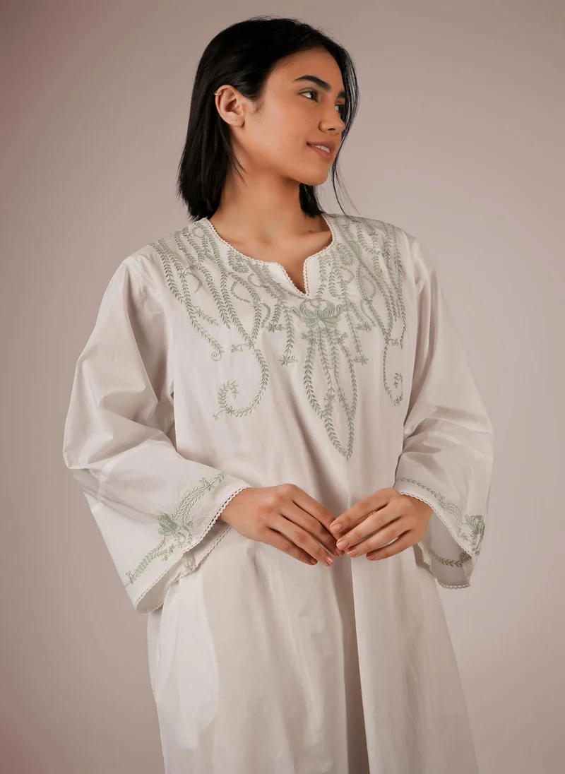 After Dark Johri, White Kaftan with Grey Embroidery