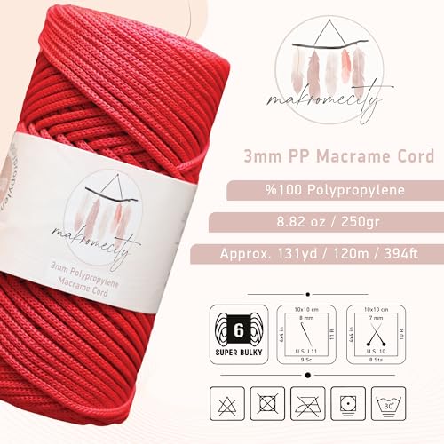 Makromecity, Premium Polyester Macrame Cord 3mm x 131 Yards (394 feet) 3mm Polypropylene Red Macrame Cord Crochet Macrame Bag Cord Crafts for Wall Hangings, Bags, Underplate, Rug - Image 2