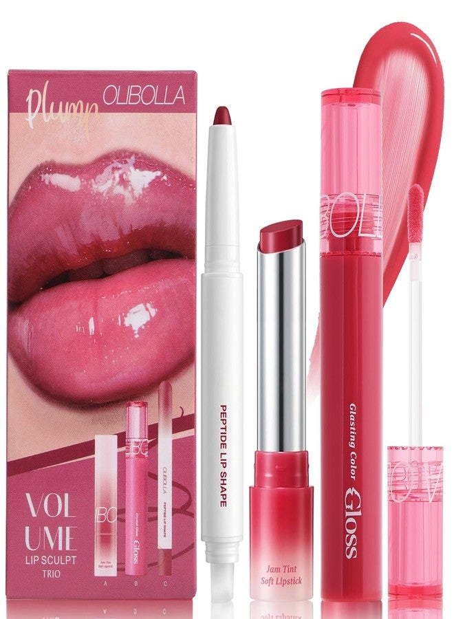 BANGFENG 3PCS Glossy Lip Combo Set - Shade with Plumping Gloss, Hydrating Melting Balm & Smooth Lip Liner for Fuller, Defined, High-Shine Juicy Lips, K-Beauty Viral Makeup Look (03# Cherry Plum) - Image 1