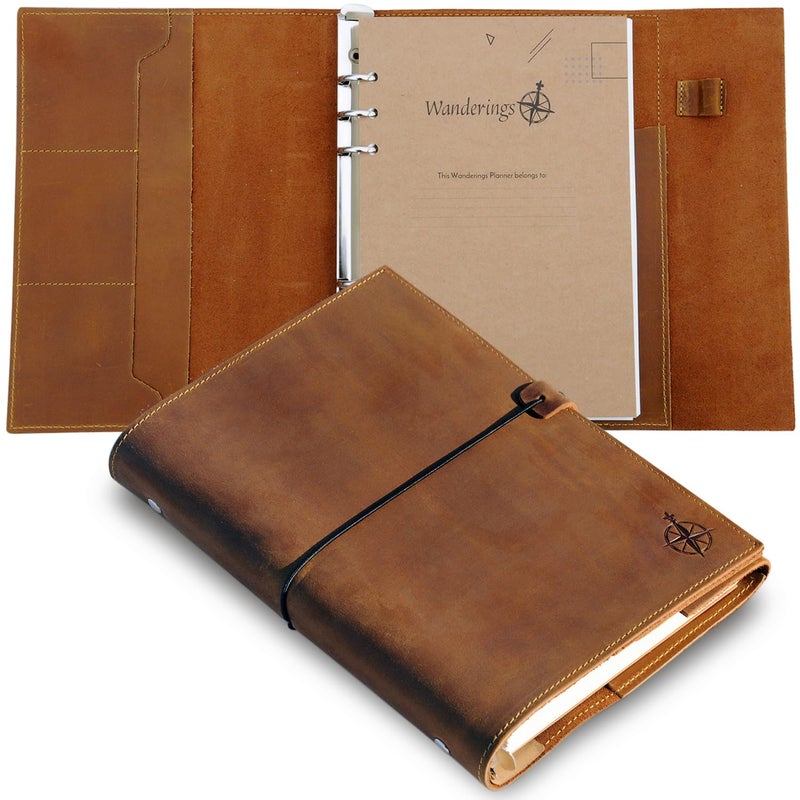 WANDERINGS A5 Leather Binder Journal â€“ Handcrafted 6 Ring Organizer with Pockets â€“ Leather Planner with Planner Inserts â€“ 52 Week Undated Calendar | A5 6 Ring Binder Filofax Compatible â€“ 6â€ x 8.5â€ - Image 1