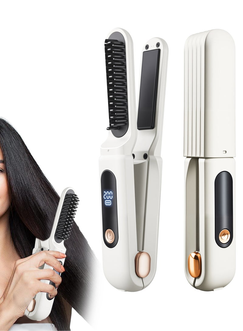 Electric Hair Straightener Brush, Ceramic Ionic Hair Straightening Comb & Curler, Fast Heating, 3 Temps, Anti-Scald Electric Flat Iron, White - Image 1