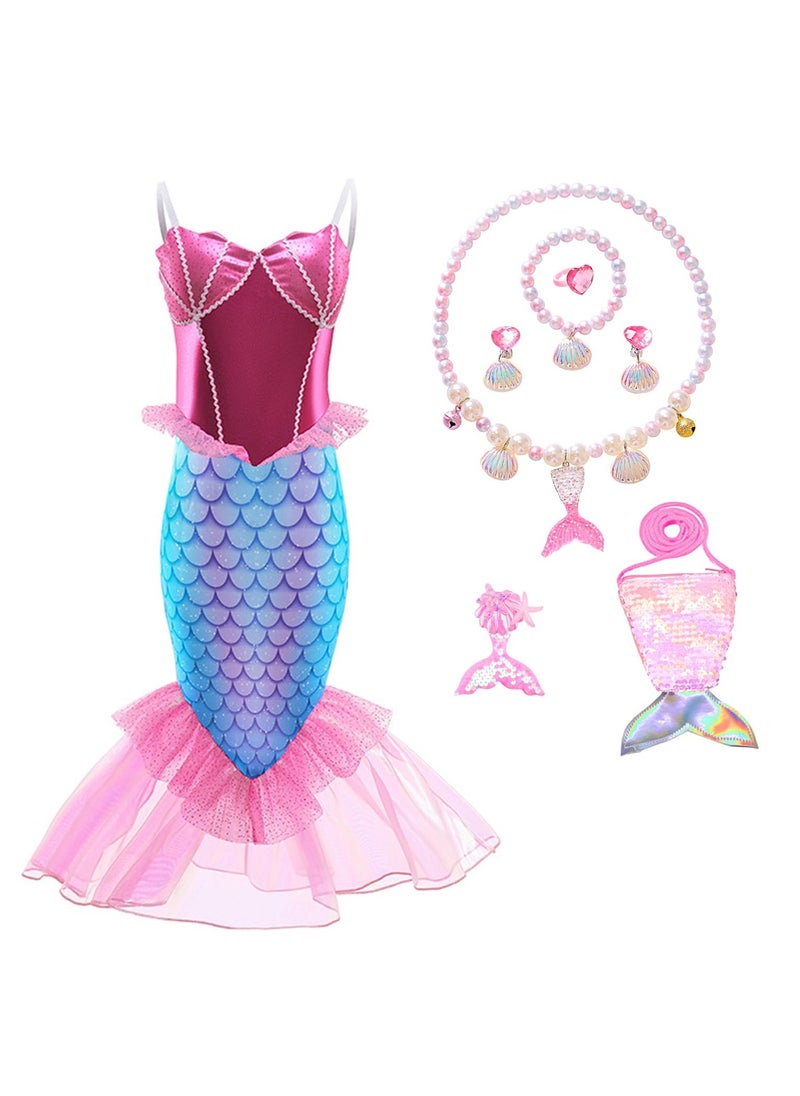 Generic Little Girls Mermaid Princess Costume Party Dress For Kids, Mermaid Costume Princess Dress Up With Accessories Including Pendant, Earrings, Hair Clips, Handbag (D)  - Image 1