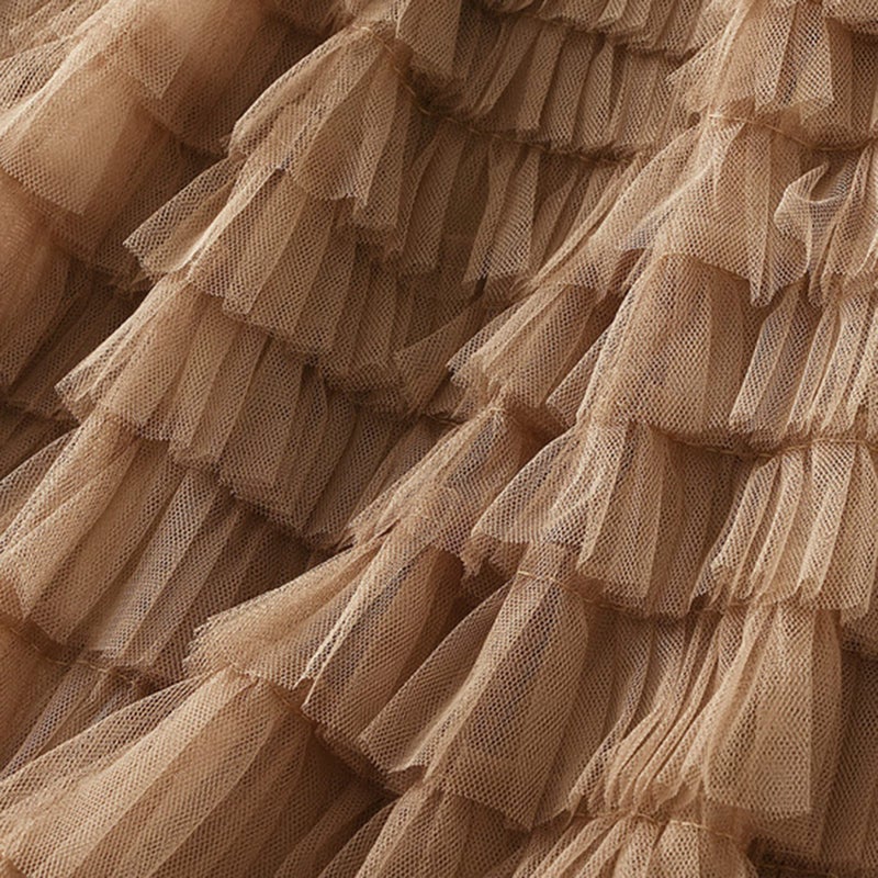 Dirholl Women's A-Line Fairy Patterned Elastic Waist Ruffle Tulle Layered Midi Skirt Tutu B Khaki - Image 2