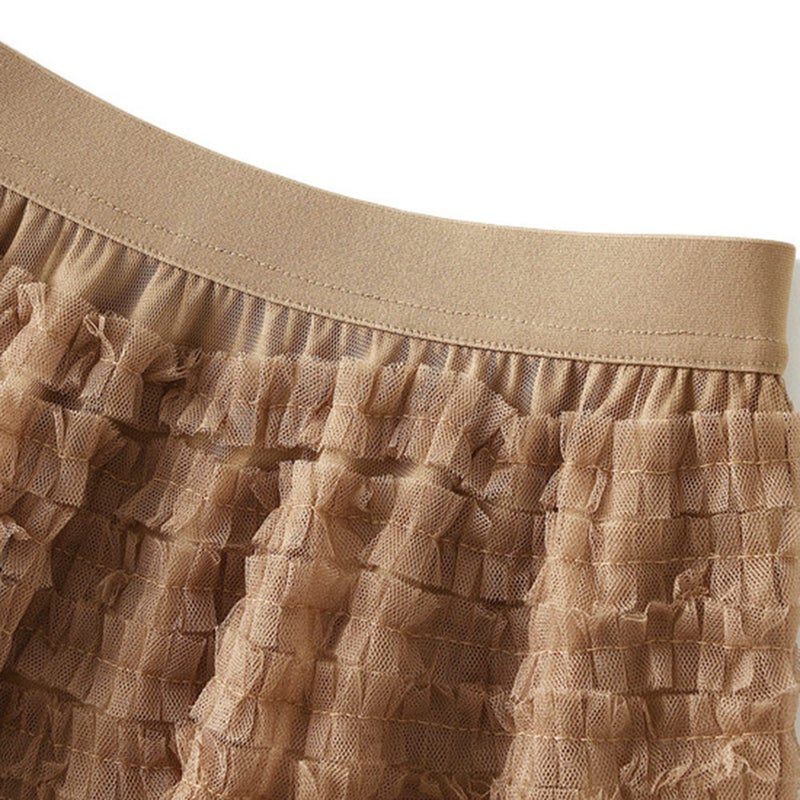 Dirholl Women's A-Line Fairy Patterned Elastic Waist Ruffle Tulle Layered Midi Skirt Tutu B Khaki - Image 3
