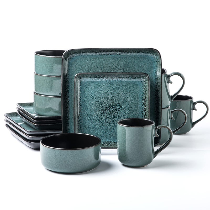 Arora FLACKAR Square Stoneware Dinnerware Set for 4 Dinner Plates Side Plates Cereal Bowls Mugs  Reactive Glaze Turquoise 497248 16 Count Pack of 1