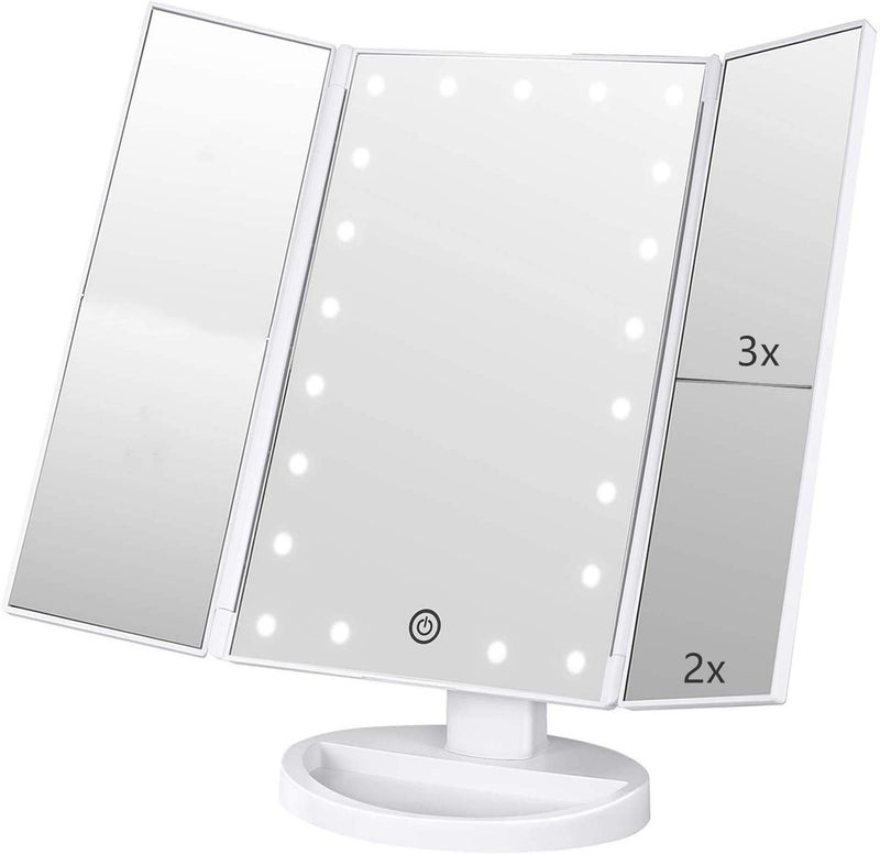 Infitrans Trifold Makeup Mirror Vanity Mirror with Lights1X 2X 3X MagnificationTouch Screen180 Adjustable RotationPortable Travel Bathroom Cosmetic Mirror