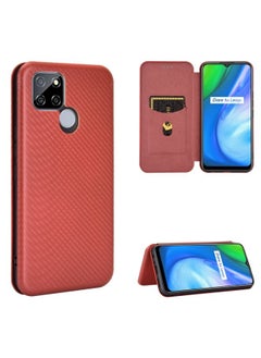 HuHa Case Cover For Realme V3 Carbon Fiber Texture Horizontal Flip TPU + PC + PU Leather Case with Card Slot Brown 