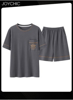 Men Leisure Bedroom Sleepwear Summer Short Sleeved Short Pants Knitted Cotton Pajamas Set Youth Comfty Breathable Pullover Home Wear Grey