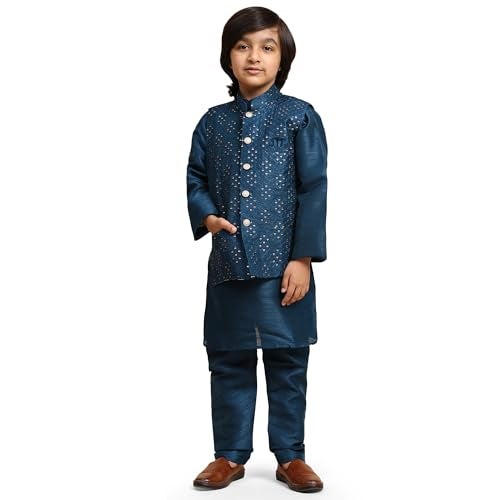 Pro-Ethic Style Developer Kurta Set For Kids Boys with Waistcoat | Silk | Floral | Traditional Dress (S-240) 3-4 years, Navy Blue - Image 1