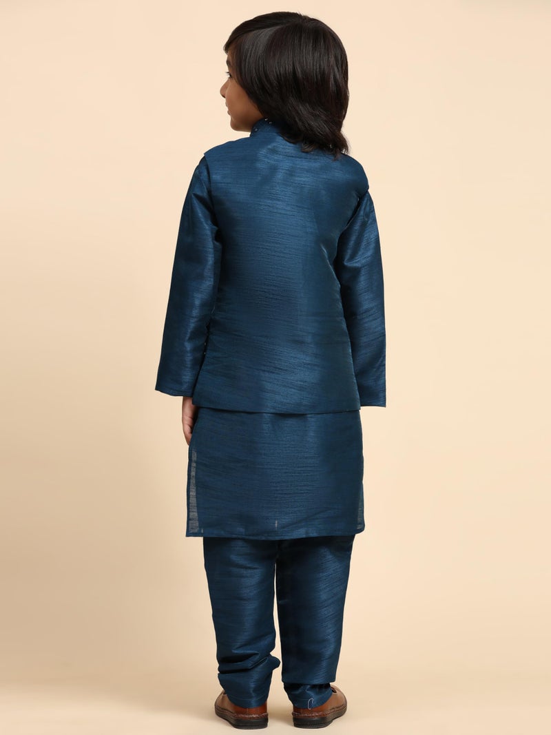 Pro-Ethic Style Developer Kurta Set For Kids Boys with Waistcoat | Silk | Floral | Traditional Dress (S-240) 3-4 years, Navy Blue - Image 4