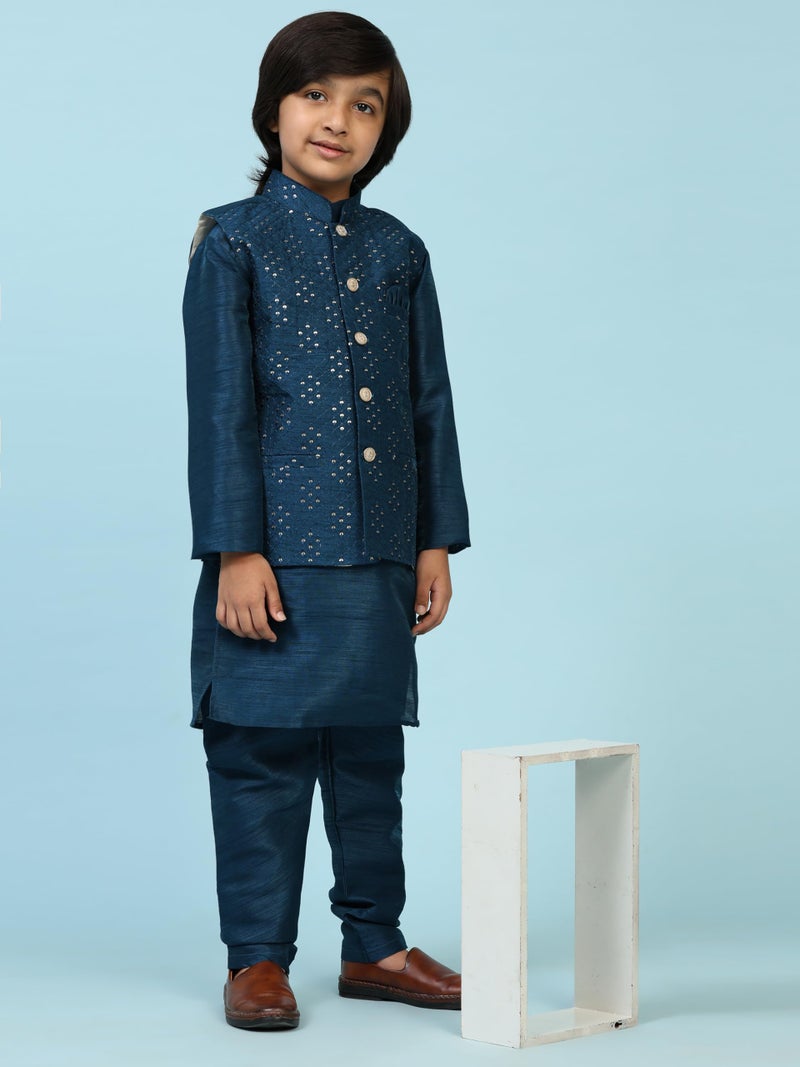 Pro-Ethic Style Developer Kurta Set For Kids Boys with Waistcoat | Silk | Floral | Traditional Dress (S-240) 3-4 years, Navy Blue - Image 2